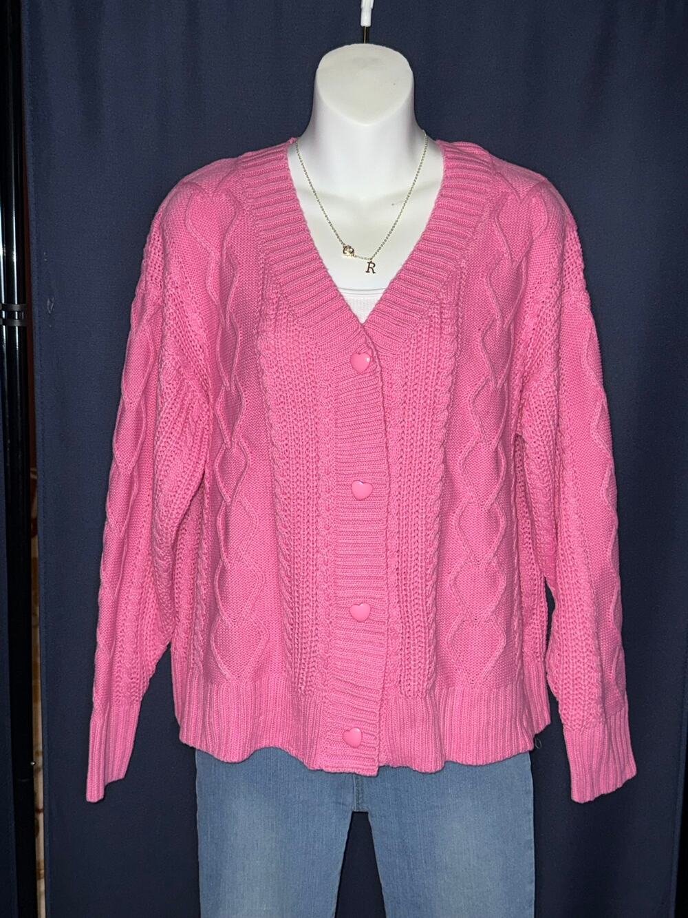 Barbie Pink Heart Button Cardigan Knit Sweater